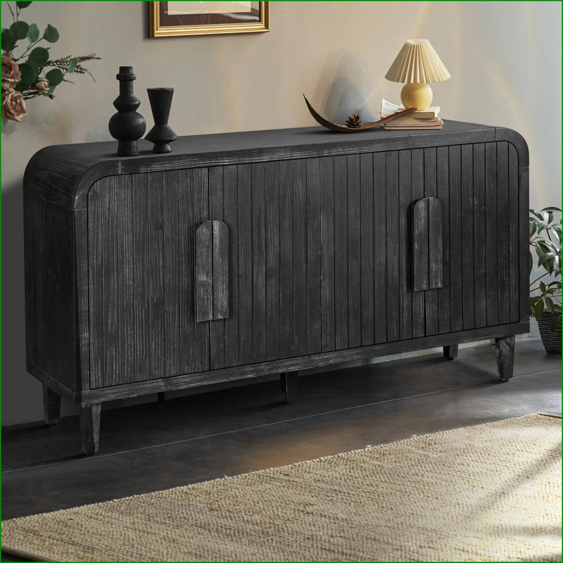 Cabinets, buffet de rangement courbé de 59 po avec tablettes réglables, grandes poignées en bois | Noir antique | Cuisine