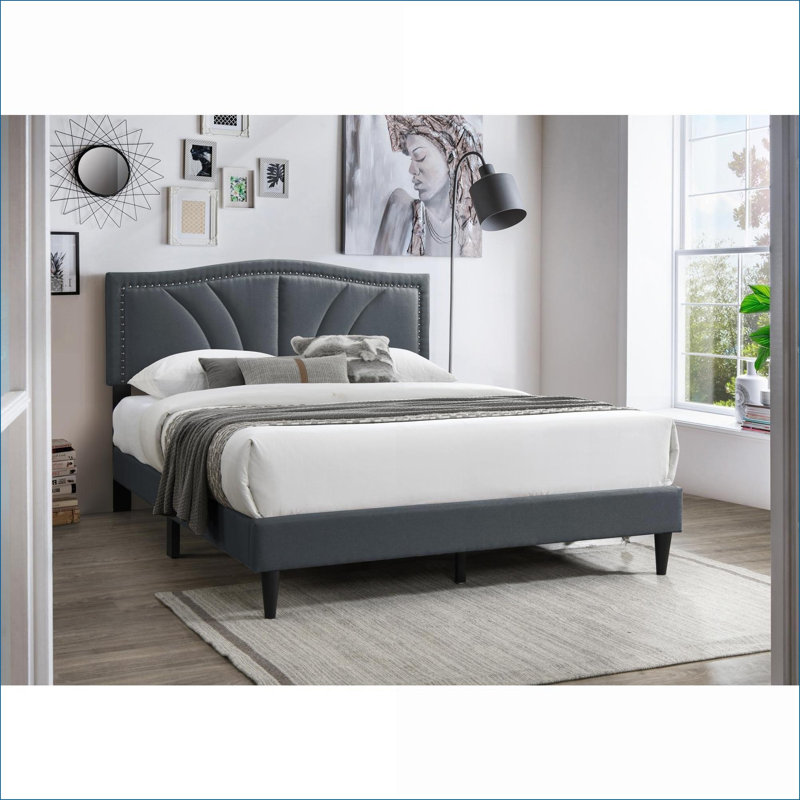 Queen Size Burlap Fabric Platform Bed Frame No Box Spring Required Charcoal Modern Vintage for Master Bedroom, Charcoal