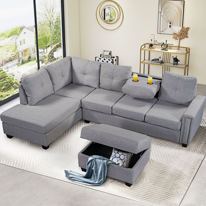 Hazael Upholstered L-Shaped Sectional Reversible, Light Gray Linen