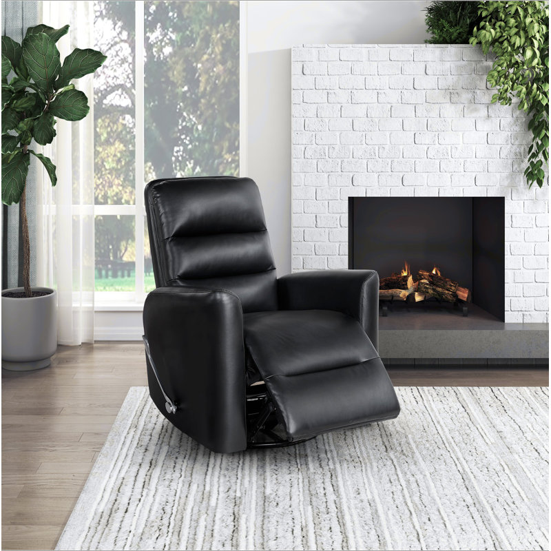 Glider Reclining Chair Swivel Motion Black Breathable Faux Leather Upholstery Luxury Living Room Furniture, Movie Chair