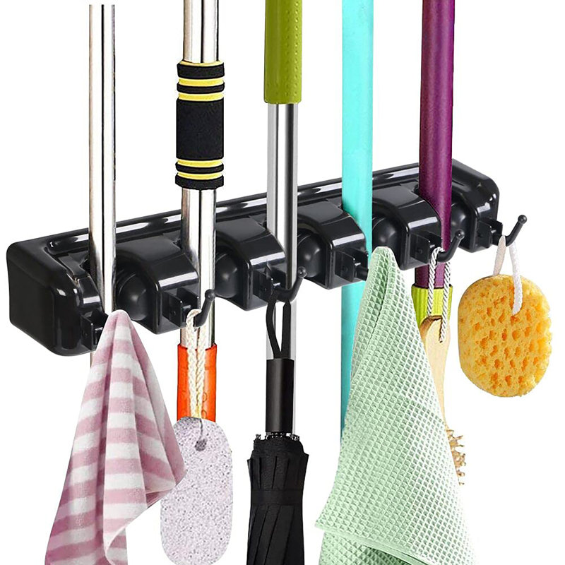 Wall Mounted Organizer with 5 Position 6 Hooks for Broom, Black