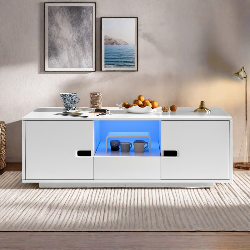 Modern High Glossy Rectangle Coffee Table With 2 Cabinets, One Drawer, 16 Colour Led Lights And An Open Shelf, White