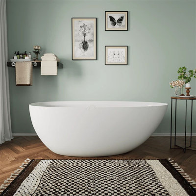 71" x 35" Solid Surface Stone Resin Oval-shaped Freestanding Soaking Bathtub with Overflow