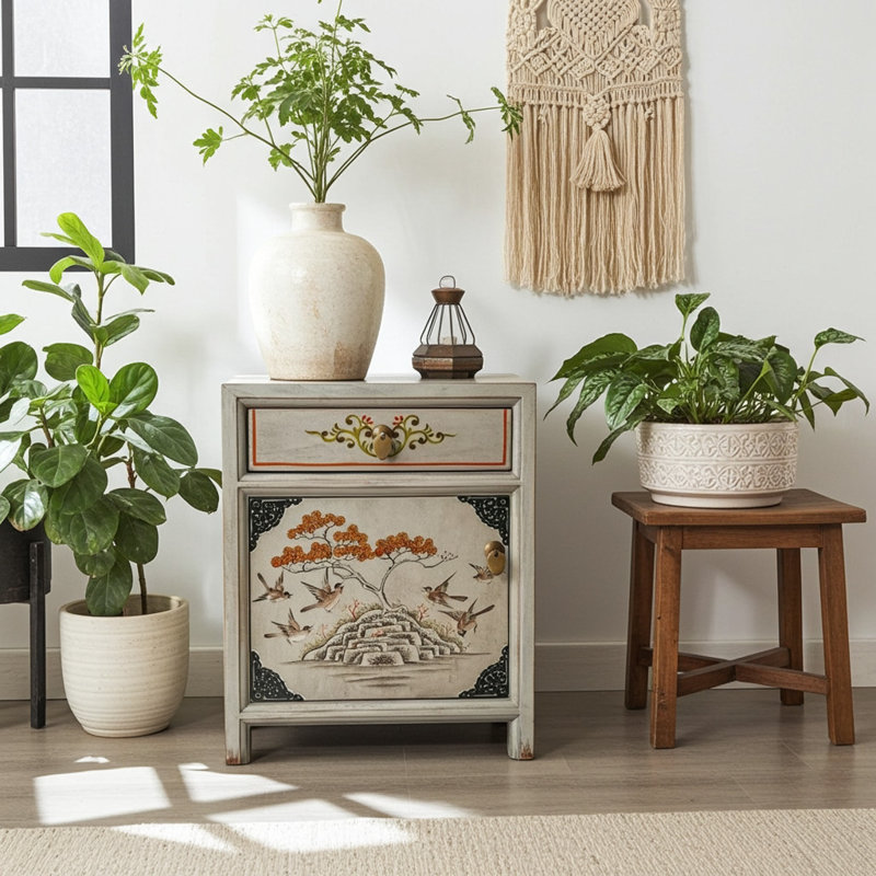 Solid Wood Bedside Table Cabinet Asian Oriental Chinese Furniture Vintage Style Handpainted