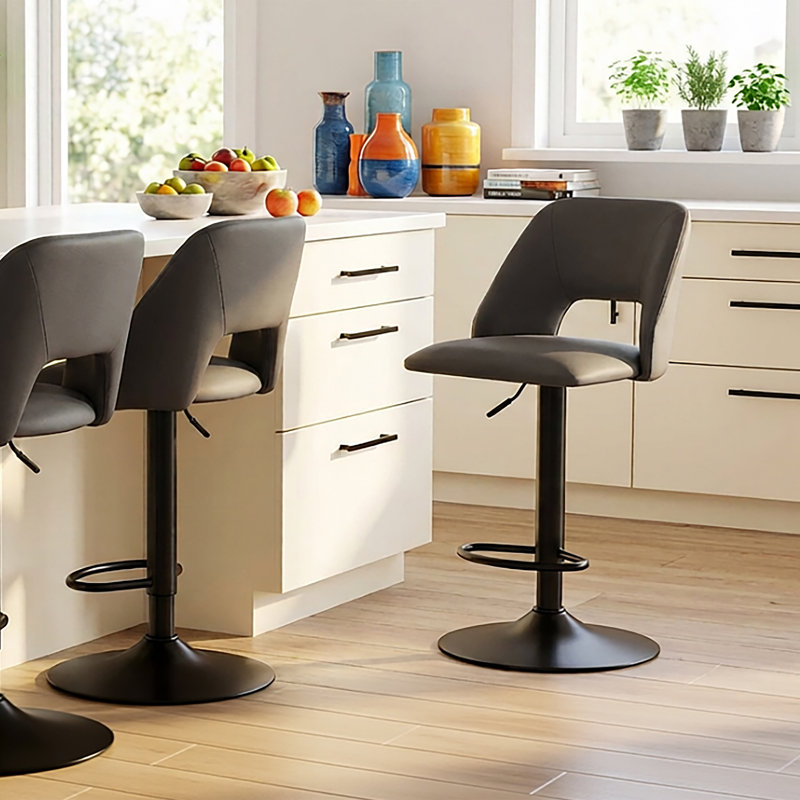 Tabouret à hauteur réglable moderne en similicuir et métal, ensemble de 2, Noir