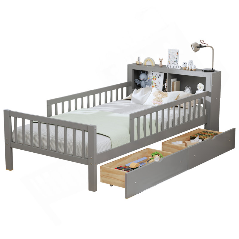 Lit simple avec support de tête de lit, deux tiroirs sous le lit, garde-corps à trois côtés pour plus de sécurité, gris, Gris