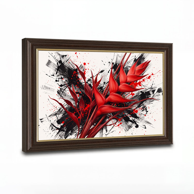 «Vibrant Red Tropical Flowers with Black Ink Splatter», art mural, 12"H x 18"W