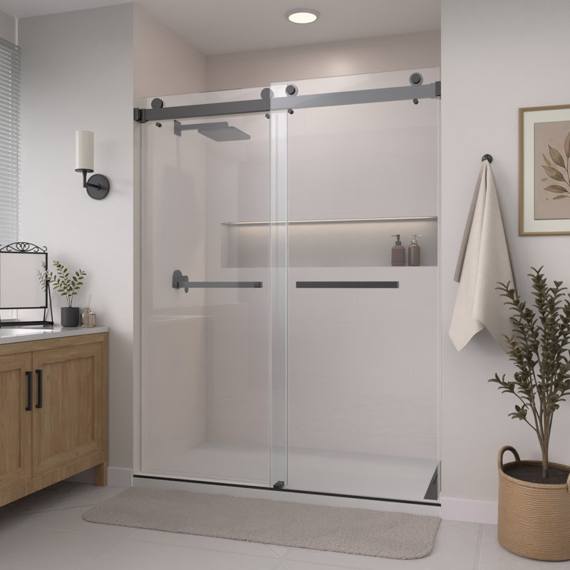 Porte de douche coulissante double sans cadre de 56 po à l 61 po x H 72 po Catalyst en noir mat avec verre transparent de 3/8 po