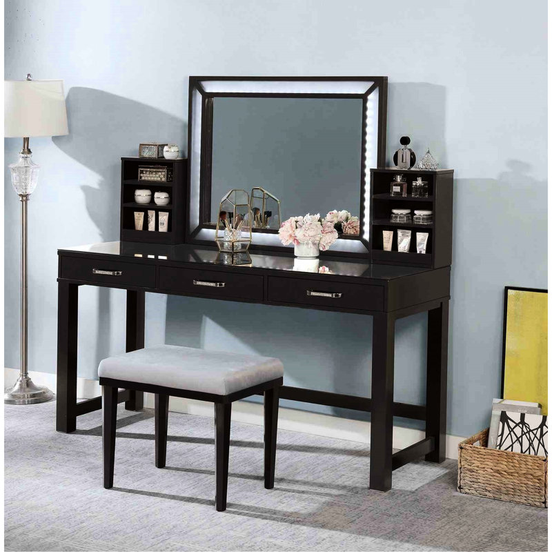 1 tabouret de coiffeuse élégant, verre trempé de 8 mm, miroir de 3 mm, 3 tiroirs, tabouret rembourré, mélange gris pour le style de la chambre à coucher,