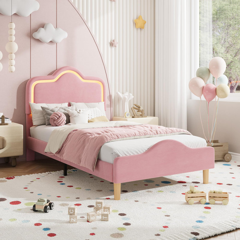Upholstered Bed Frame with Adjustable Headboard and Footboard, Velvet Princess Platform Bedframe for Kids/Girls, Twin, Pink