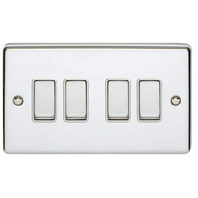2 PACK 4 Gang Metal Quad Light Switch POLISHED CHROME 2 Way 10A White Trim, Silver/White, Polished Chrome