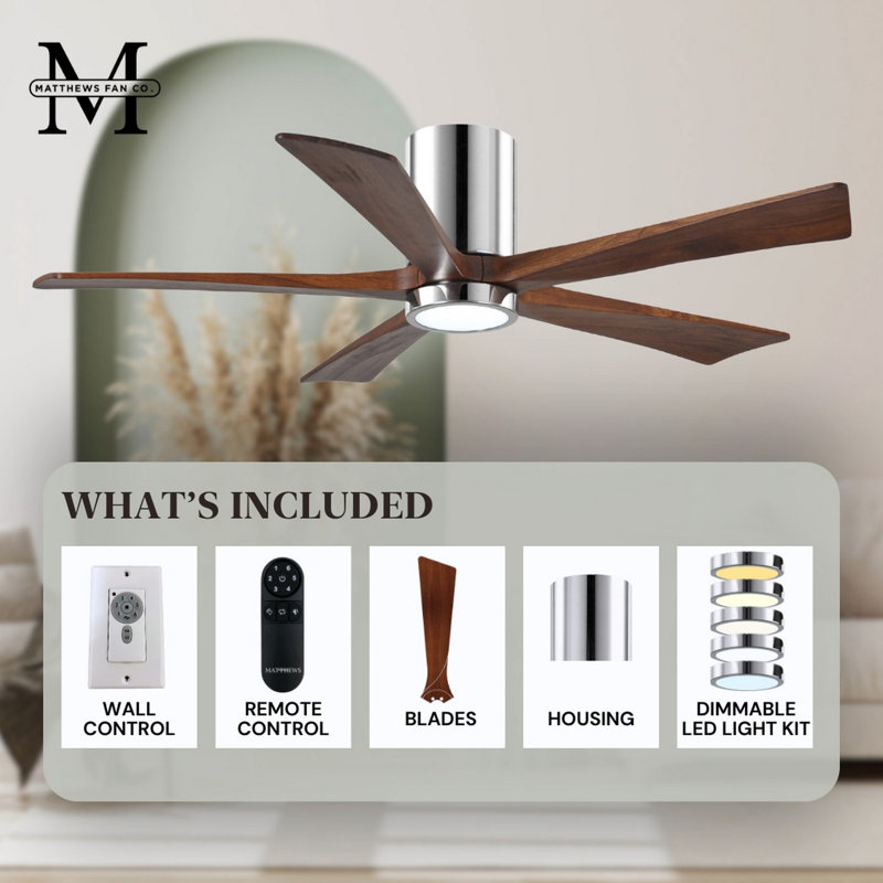 Irene Flushmount Light Kit 5 Blade LED Ceiling Fan, Polished Chrome, 52", Walnut Tone