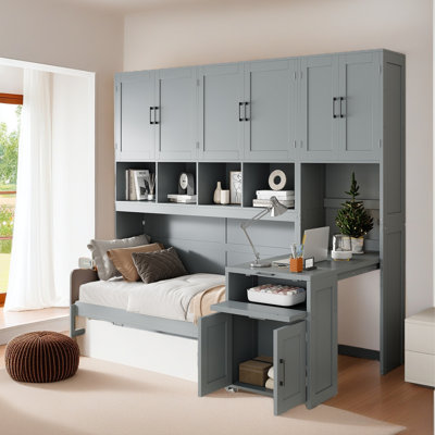 Lit escamotable simple avec placard, tiroirs et bureau