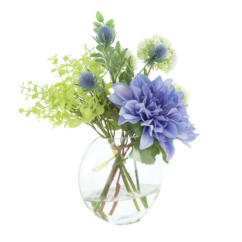 Dahlias and Eucalyptus Centerpiece in Vase, Blue