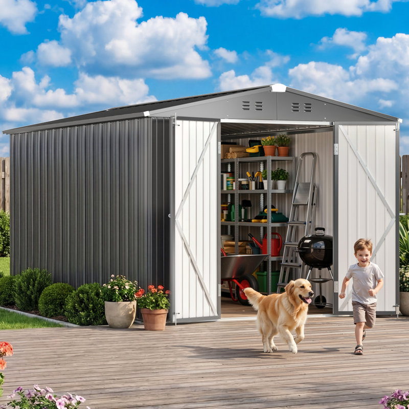 Abri de jardin en métal de 2,4 m x 3,7 m avec ventilation et toit en pente pour cour arrière