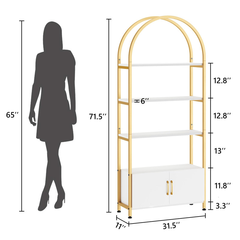 4 Tier Arched Bookshelf with Doors Storage, 71.5 Inch Tall Industrial Book Shelf with Metal Frame, Open Curved Bookcase, Display Shelf for Living Room and Office