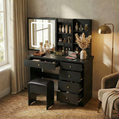 Makeup Vanity Set With Sliding Mirror And Lights