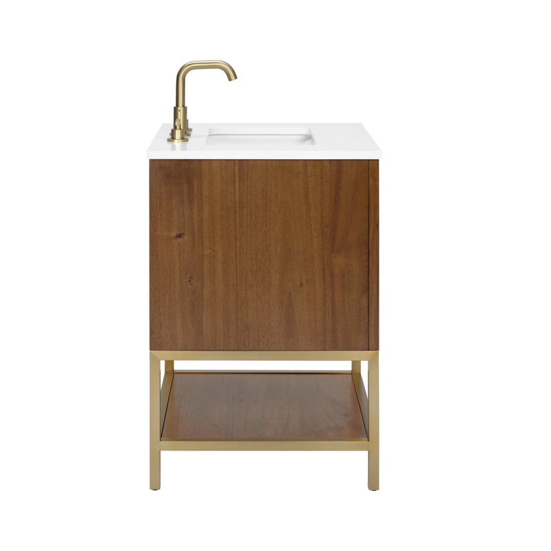Diamond 24 in. Single Vanity, White Quartz, Walnut, Satin Brass