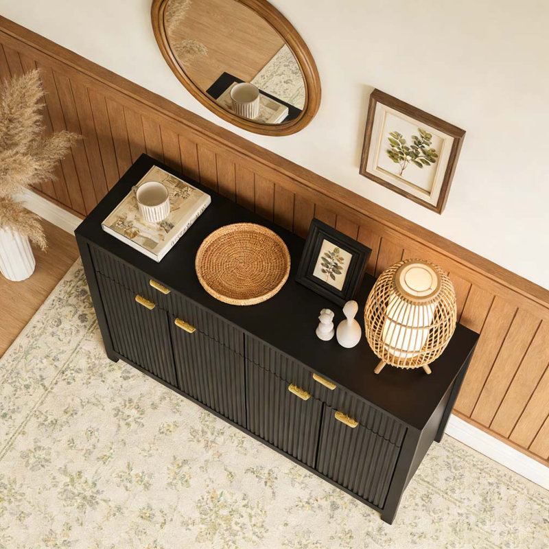 Buffet 55,1 "avec 2 tiroirs et 4 portes, tablettes réglables, Noir