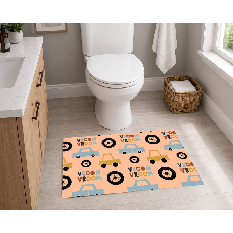 Tapis de toilette rectangulaire antidérapant, absorbant et coloré Vroom vroom, L 17 po x l 24 po, Pêche, orange, or, orange