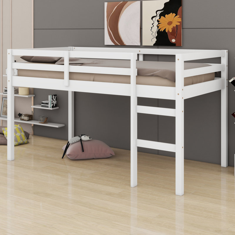 Sturdy Wooden Loft Bed with Ladder & Strong Slat Support, White