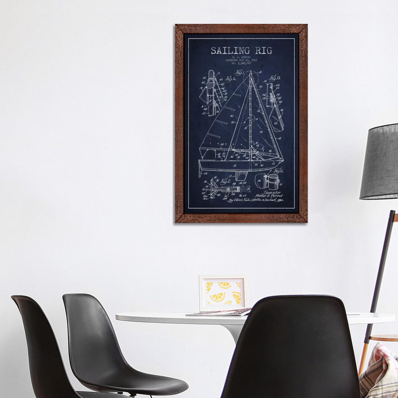 Sailboat Navy Blue Patent Blueprint by Aged Pixel - Floater Frame Print on Canvas, Brown Framed, 152.5 cm H x 101.5 cm W