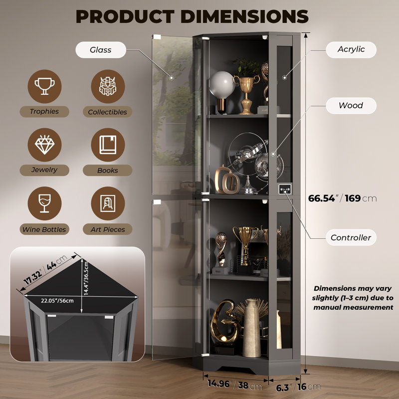 65" Corner Glass Display Cabinet with LED Lights, 4-Tier Showcase Display Case with Glass Doors & Human Body Sensor for Collectibles, Liquor