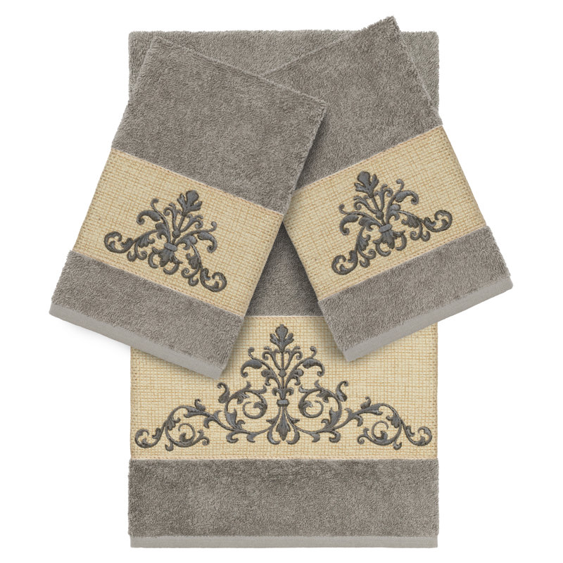 Scarlet Embellished 3 Piece Towel Set, Dark Gray, 3 Piece Towel Set