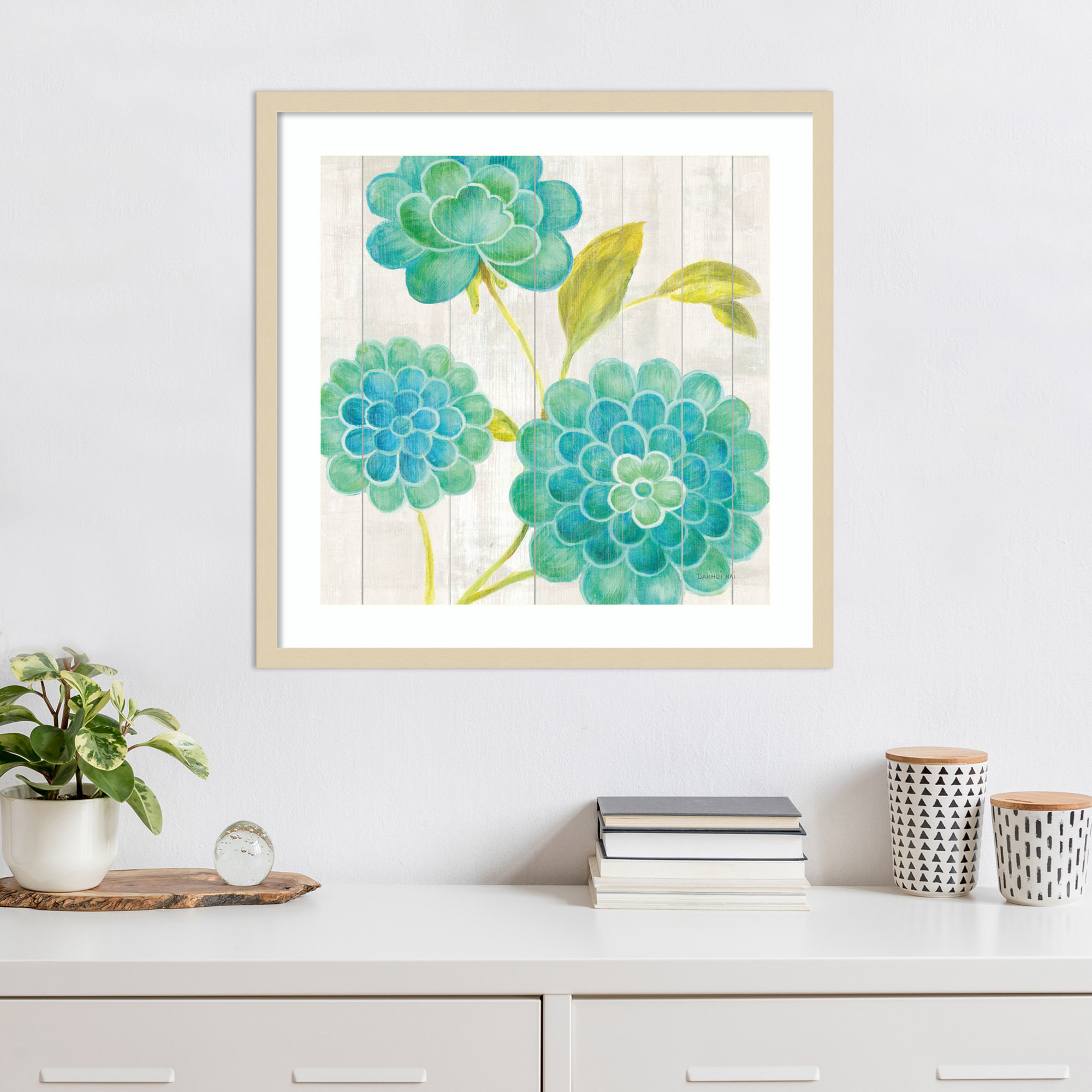 Lark Manor™ Aqua Blooms on Wood II by Danhui Nai Wood Framed Wall Art ...