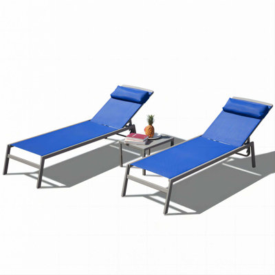 Patio Chaise Lounge Set, 3 Pieces Aluminum Adjustable Pool Lounge Chairs Textilene Sunbathing Recliner With Headrest (2 Lounge Chairs +1 Table)