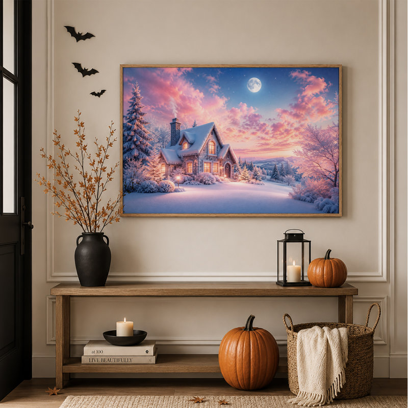 Maison en pierre enneigée sous la pleine lune - Toile murale d'Halloween, H 36 po x l 48 po