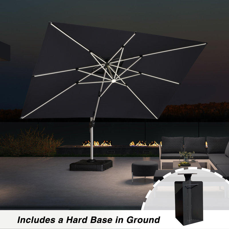 Parasol en porte-à-faux double 120 "x 156" avec lumières solaires et base au sol, gris, Gris