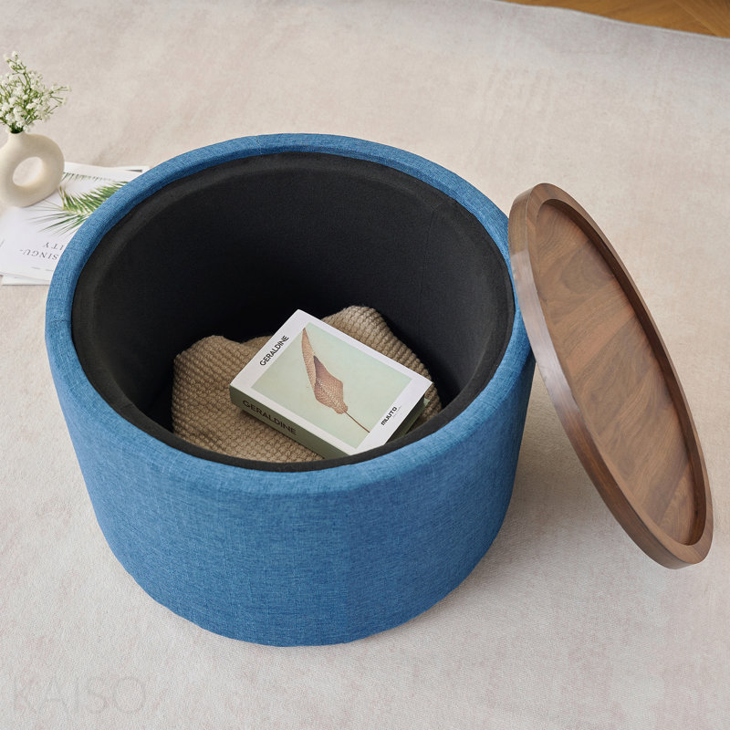 Ensemble de repose-pieds rond avec rangement en lin / bois - bleu