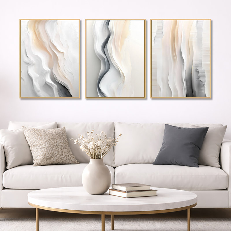 «White and Gray Winter Horizon», ensemble de 3 reproductions sur toile abstraites encadrées, H 32 po x l 72 po