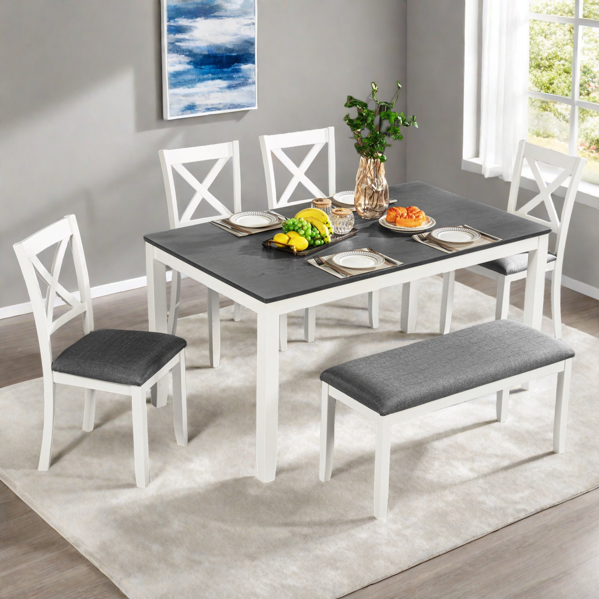 Gracie Oaks 6-Piece Dining Table Set With Bench, Wood Dining Table Set For 6, Modern 6-Person ...