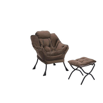 Chaise longue moderne en tissu de coton pour le salon, chaise de loisir moderne décorative, fauteuil de loisir à structure simple en acier avec accoudoirs et poche latérale (brun), avec repose-pieds et repose-pieds