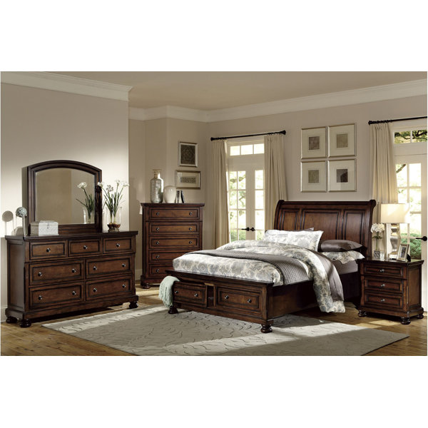 Canora Grey 5-2_Oma Brown-Cherry Wood Panel Bedroom Set | Wayfair