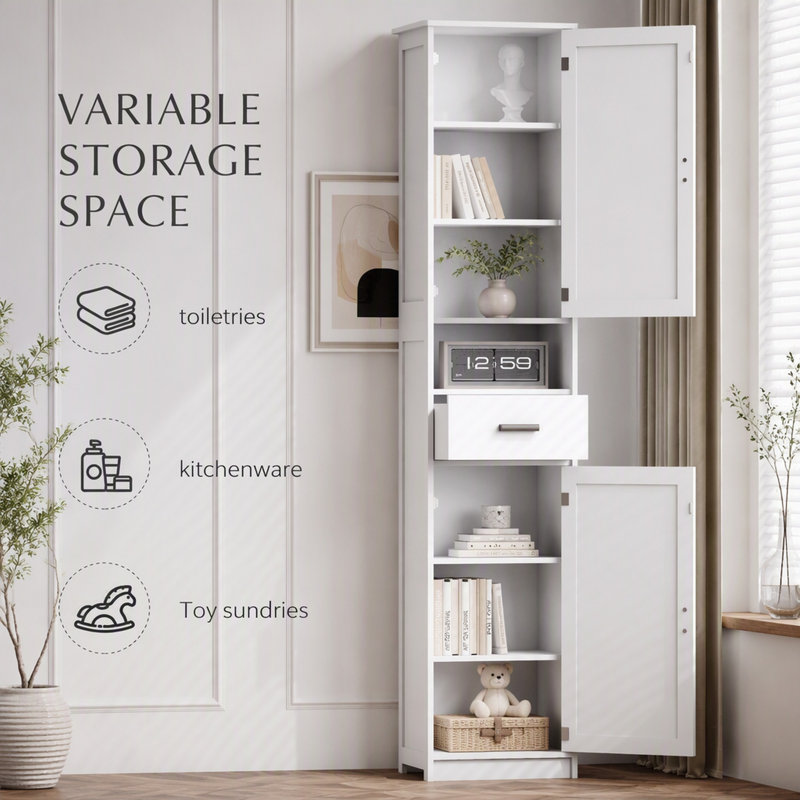Armoire de salle de bain de 69 po de hauteur avec 2 portes de grange et un tiroir, unité de plancher étroite blanche avec tablettes réglables pour le salon, le vestibule et la cuisine