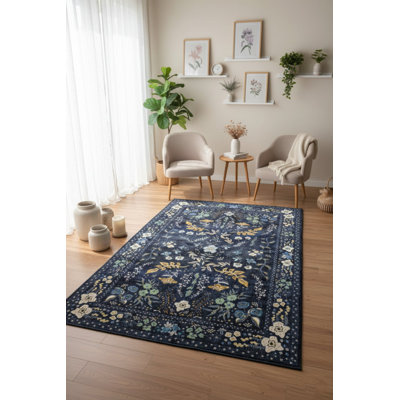Navy Blue Floral Polyester Soft Touch Machine Woven Decorative Area Rug