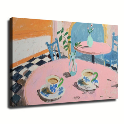 Cozy French Cafe Table Coffee Cup Still Life Impressionist Painting, Large Gallery Wrapped Canvas Wall Art Print For Living Room Bedroom