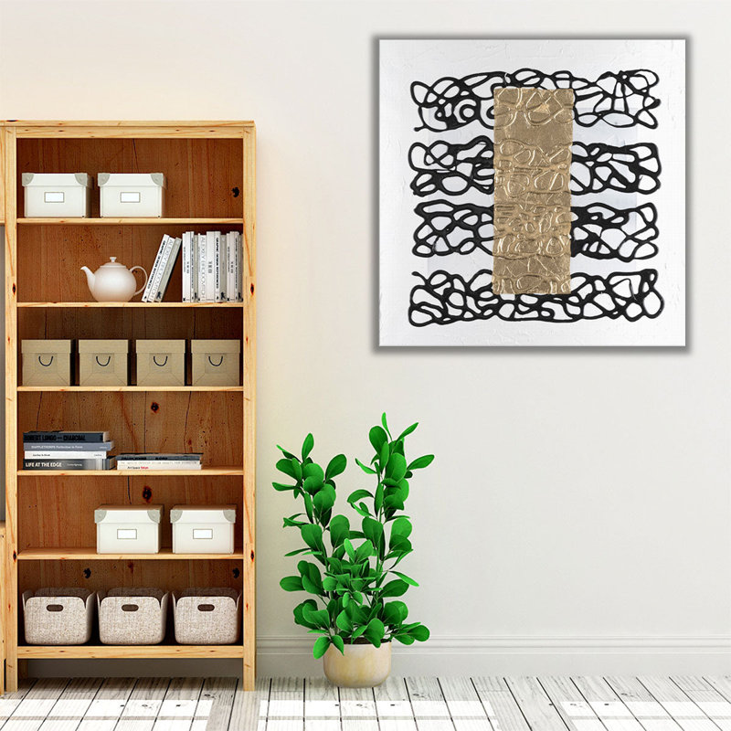 Golden Script I - noir et blanc - reproduction d'art sur toile, H 20 po x l 20 po