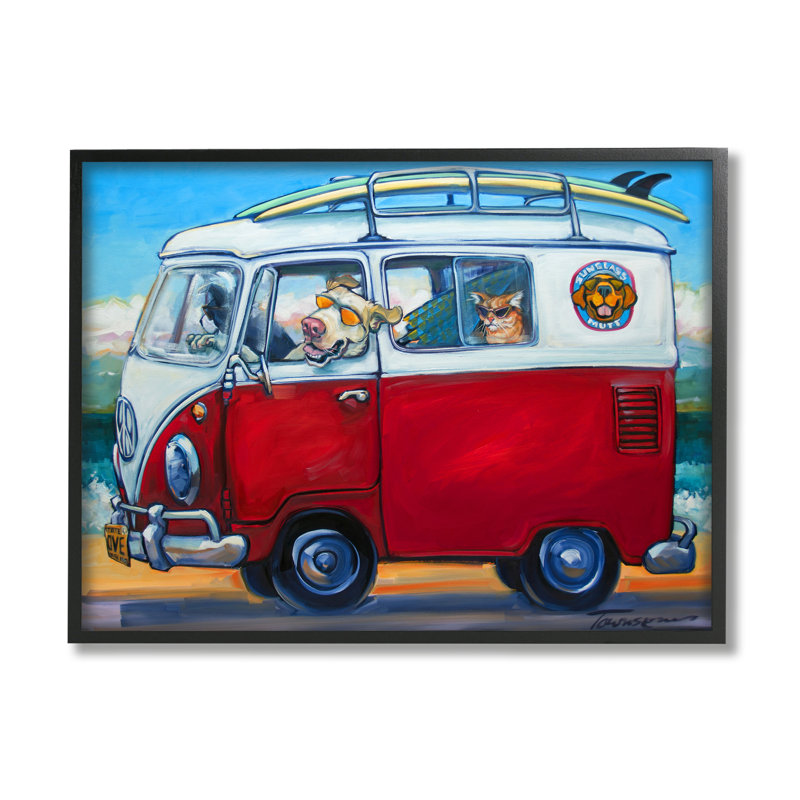 Animaux de compagnie en vacances minibus par CR Townsend, H 24 po x l 30 po x P 1,5 po, Giclée encadrée noir minuit