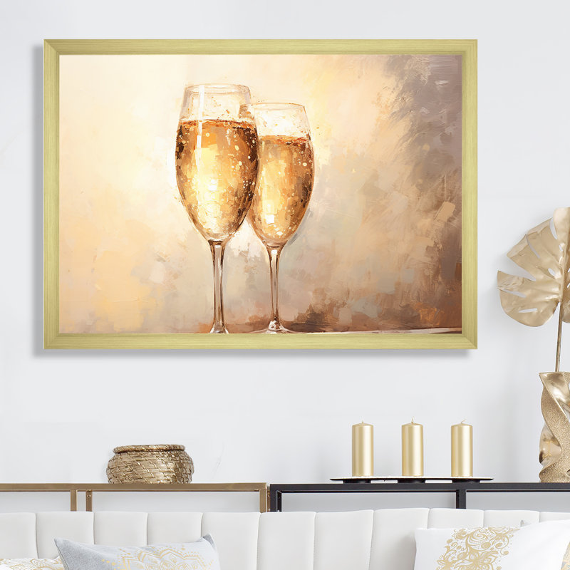 Minimalisme, champagne, verres, collage, vin et champagne, décoration murale, H 34 po x l 44 po x P 1,5 po, Encadrement doré