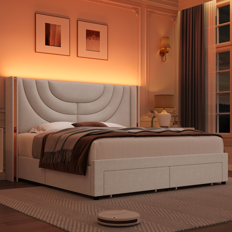 2-Piece Bedroom Sets, LED Light Upholstered Bed with 2 Drawers, 37" 4-Drawer Chest, Wall Wash Lighting Velvet Platform Bed with Storage