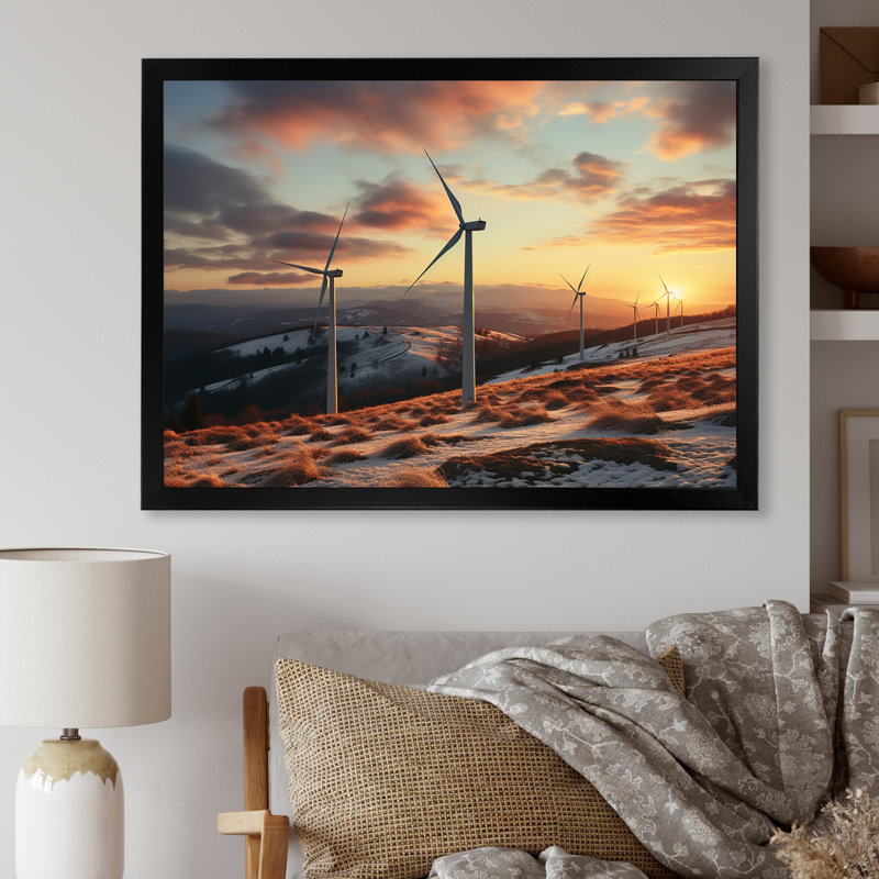 «Sunset Wind Turbines Mountain View II - Wind Turbines», art mural, Cadre d'angle fermé noir, H 12 po x l 20 po x P 1 po