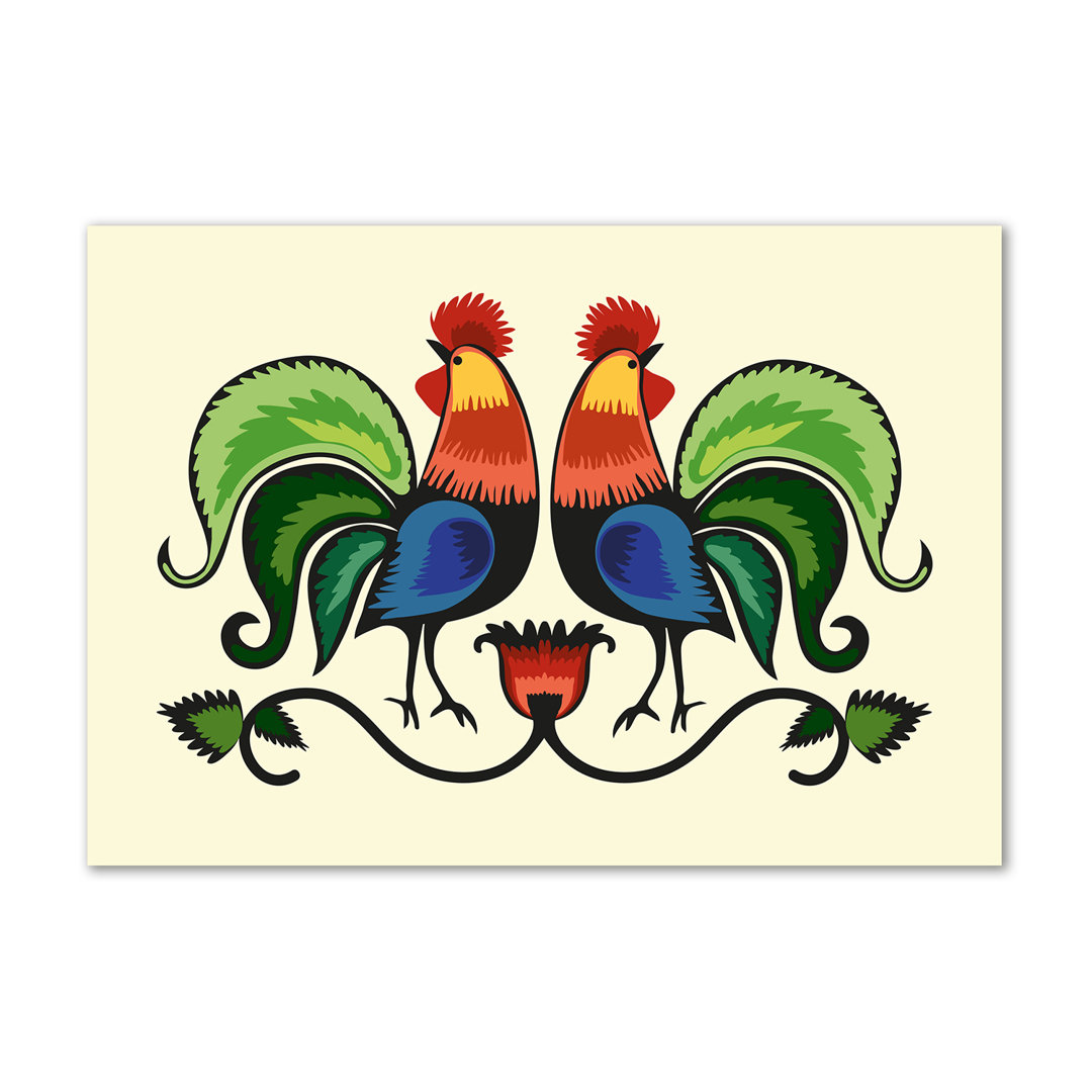 Roosters Folk Pattern - Wrapped Canvas Art Prints