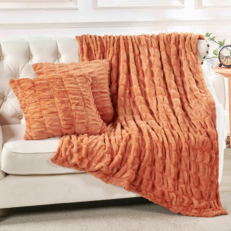 Abstract Knitted Blanket, 152.4cm W x 203.2cm L, Burnt Orange