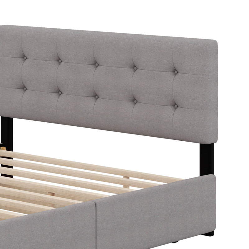 Grand lit plateforme tapissier avec 2 tiroirs et un lit gigogne, Gris clair