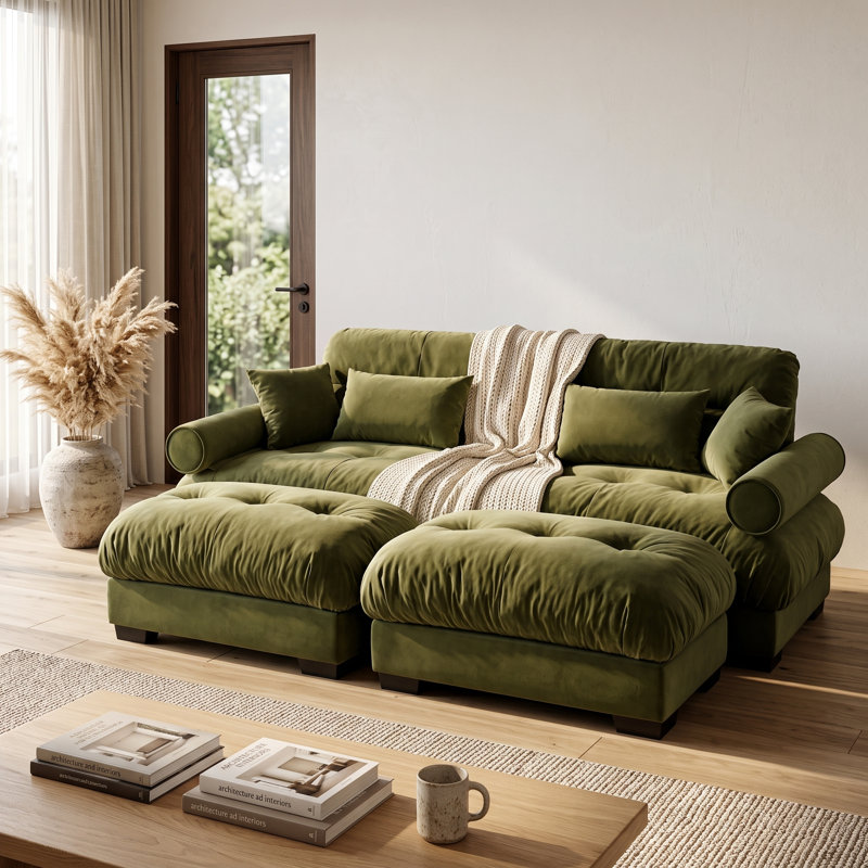 Canapé modulable 2 places en velours vert, avec 2 poufs amovibles, coussins de dossier et traversins., 2 Seat+2 Ottoman