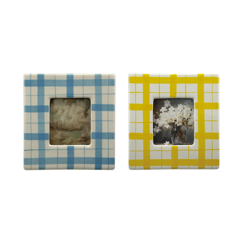 Square Hand-Painted Stoneware Plaid Photo Frame Set, Blue/Yellow, 3" W x 3" H, Square
